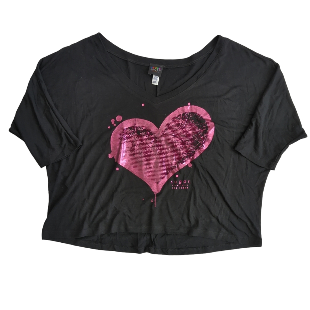 Sugar Factory Las Vegas cropped oversized t-shirt, heart, women's medium